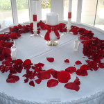 table with red petals