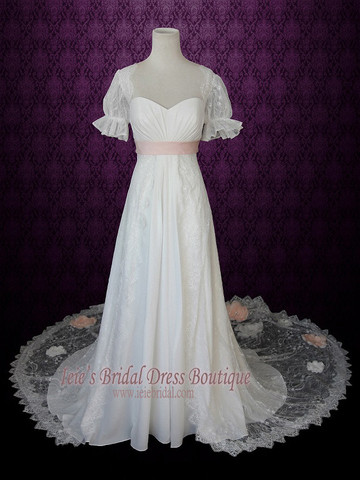 puff-sleeves-empire-regency-wedding-dress-peach-flowers