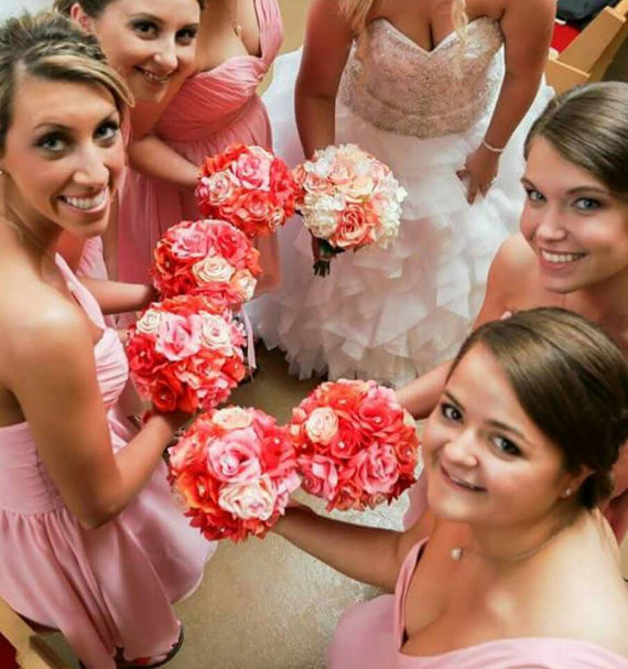 wedding flowers, bride and bridesmaids red and pink theme Angel Isabella