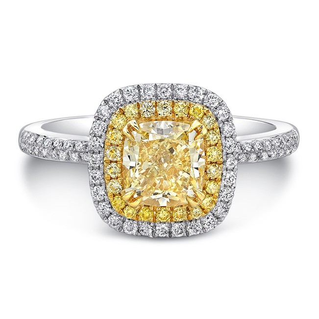 18K WHITE AND YELLOW GOLD YELLOW DIAMOND CENTER AND HALO ENGAGEMENT RING by Bova Diamonds