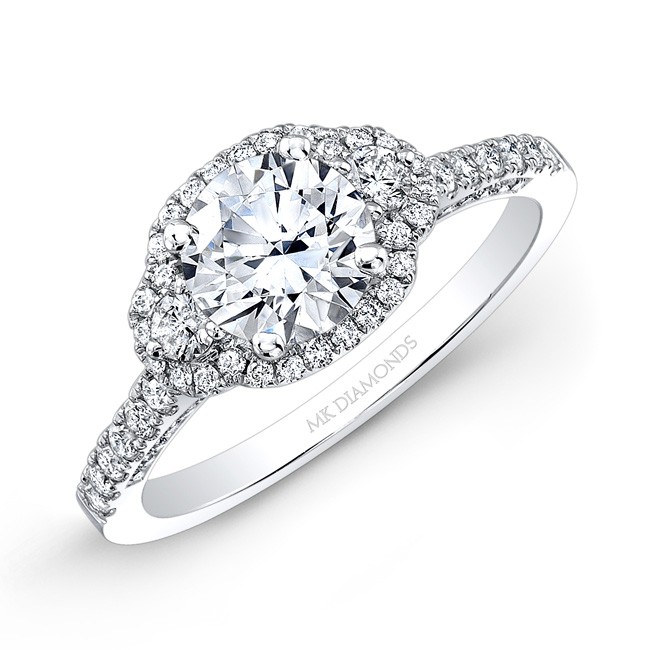 18K WHITE GOLD WHITE DIAMOND HALO AND SIDE STONE ENGAGEMENT RING by Bova Diamonds